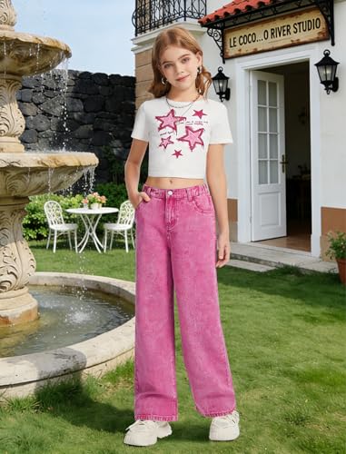Image of Jeans for Girls Baggy Wide Leg Cute Bow High Elastic Waisted Denim Pants Y2K Boyfriend Skater Streetwear 7-14Y