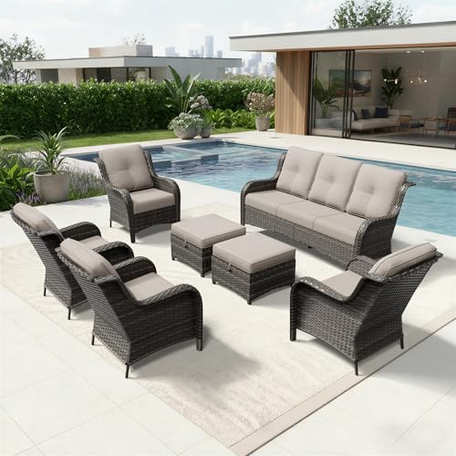 Image of Joyside 7 Piece Wicker Patio Furniture Set, Rattan Patio Chairs with High Back, Deep Seating, Wide Armrest, Thickened Cushions, Outdoor Furniture for Deck, Porch Use