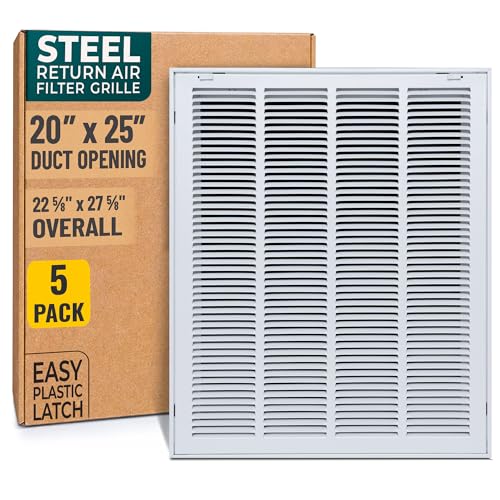 [5 Pack] Fits 20x25 Duct Opening | Steel Return Air Filter Grille by Handua [Removable Door] | Vent Cover Grill | White | Easy-to-Use Plastic Latches | Out Dim:: 22 5/8"W X 27 5/8"H