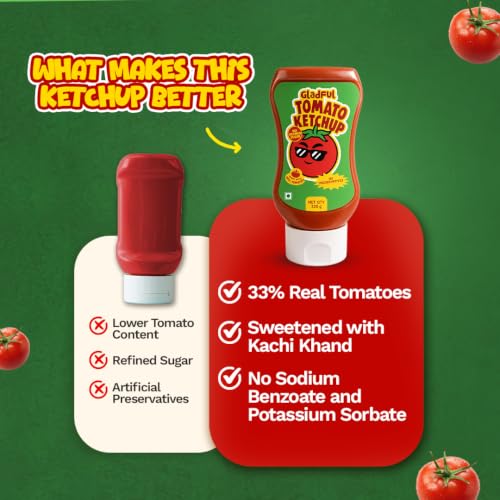 Image of Gladful Tomato Ketchup for kids | 33% Concentrated Tomato Paste | No Refined Sugar | No Preservatives | Sweetened with Kachi Khand | Kids Tomato Sauce | Sandwich, Fries & Snacks Dip | 320g