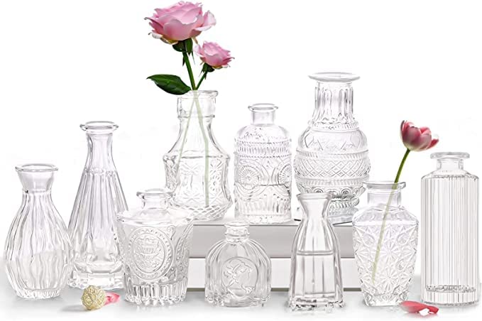 Jaffiust Glass Bud Vases Set of 10 - Small Flower Vases, Bulk Clear Bud Vases, Lovely Glass Vases with Centerpieces, Mini Vintage Vases for Wedding Decor, Home Table Flower Decor