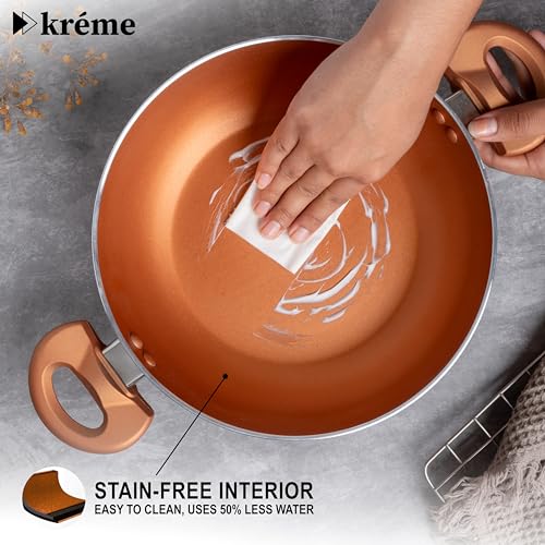 Image of Kreme Sonet Non-Stick Frying Kadai with Glass Lid | 2.5 Litre & 24 cm Induction and Gas Compatible Cookware Kadhai | Scratch Resistant Kadai for Cooking Curry, Dal, Rice & Biryani, Bronze