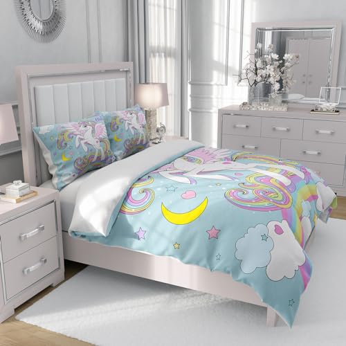 Miniatura 3 de Tsopefi Juego De Ropa De Cama Para Niña Con Unicornio Rosa,Juego De Funda Nórdica Infantil Con Estampado De Unicornio De Dibujos Animados,Con Arcoíris,Nubes Y Caballos 135 X 200 Cm, C