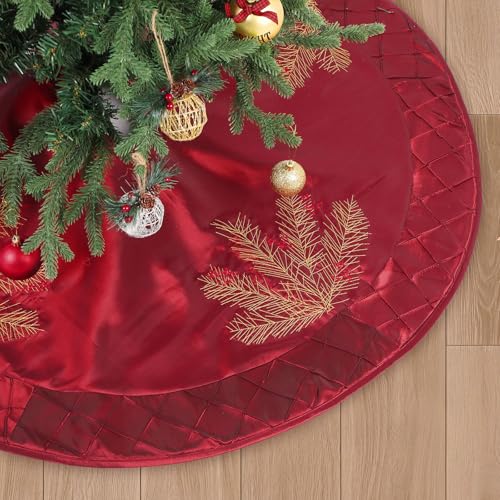 JolliLudo 42 Inches Large Christmas Tree Skirt Red and Gold Christmas Tree Skirt with Bow for 5-7ft Burgundy Checkered Embroidered Gold Pine Branches Cherry Silk Vintage Decor Xmas Party Holiday by JolliLudo - Used condition - US$8.34