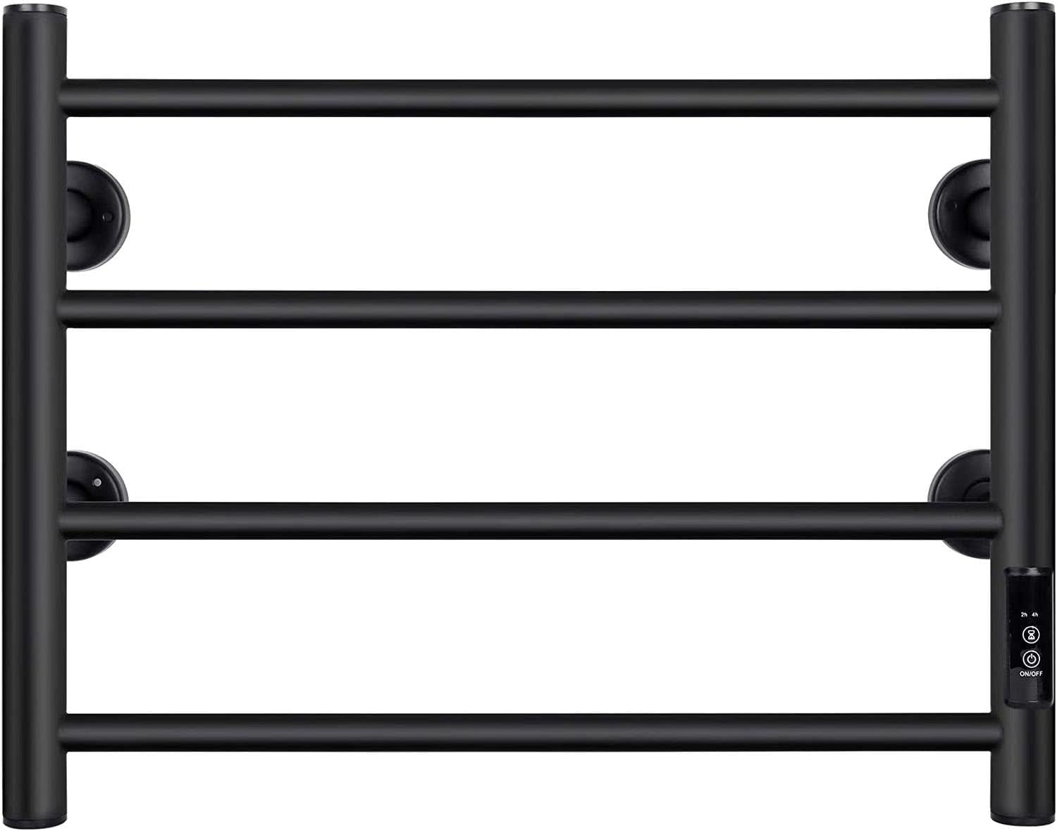 JXXM Heated Towel Warmer Rack Wall Mounted Electric Hot Holder Rack Heated Towel Racks for Bathroom Plug-in/Hardwired, Stainless Steel Hot Towel Rack with Timer Brushed(4-Bar,Matte Black) 4bar Black