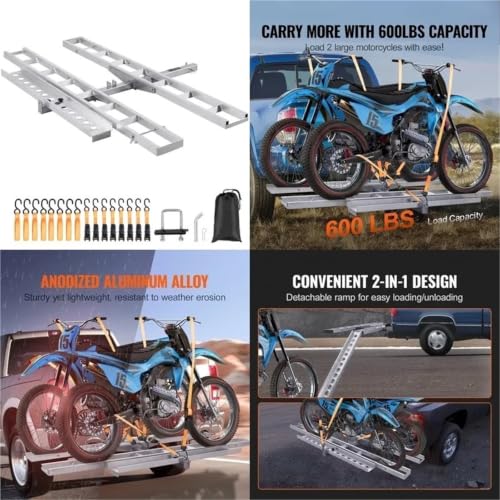 Porta motocicletas para 2 motos, capacidad 600LBS, montaje en enganche de aluminio, rampa de carga para scooter y moto de tierra miniatura 5