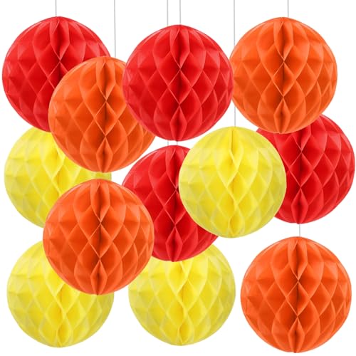 Lot de 12 Boules en Papier nid d'abeille Rouge, Orange, Jaune,Honeycomb Balls,Papier Pompom pour Rouge, Orange, Jaune Décoration de Fête