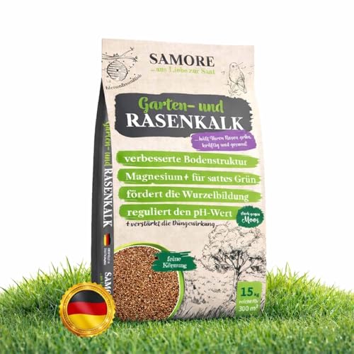 samore Rasenkalk (2x15kg für 600 m²) Frühjahr & Herbst, bei Moos und Unkraut im Rasen, verstärkt die Düngung, verbessert pH-Wert & Bodenstruktur, extra fein, ideal für Streuwagen, tierfreundlich