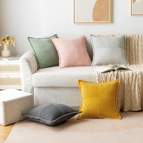 Image of MIULEE Decorative Throw Pillow Covers for Couch Bed Livingroom 20x20 Inch Set of 2 Light Olive Green Boho Accent Throw Pllows Broadside Striped Patchwork Soft Corduroy Summer Pillowcases
