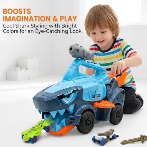 Image of WireScorts Big Hauler Mechanical Shark Truck Transporter Toy with Dart Launcher and 4 Mini Cars, Big Hauler Truck with Light & Sound for Boys & Girls 3+ Years