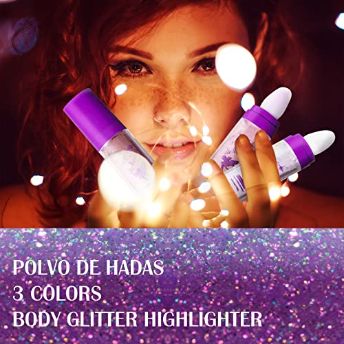 Dageda 3 Colors Body Glitter, Shimmer Body Highlighter Powder, Body Glitter Powder Stick, High Gloss Fairy Glitter Sparkle Powder Brighten Face Hair Cosmetics With Bright #TOP5