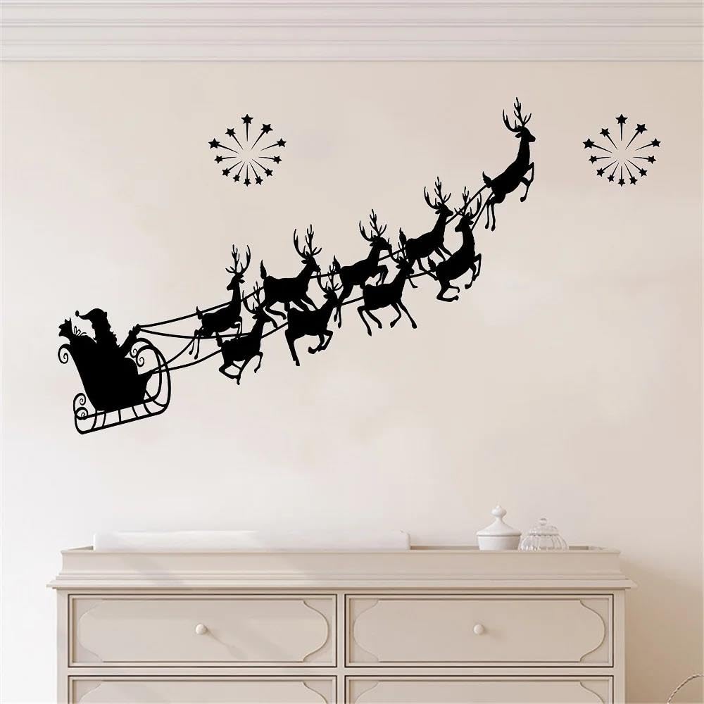 WANGSHUAIS Removable Wall Decal - Santa Claus and Reindeer Wall Sticker for Home and Office - Black Vinyl Wall Sticker 96cmx57cm