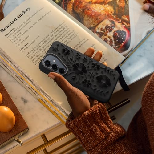 Image of OtterBox Samsung Galaxy S26+ Symmetry Series Cactus Leather Case - Ink Blossom (Black), Slim, Premium, Protective Samsung Galaxy Phone Case