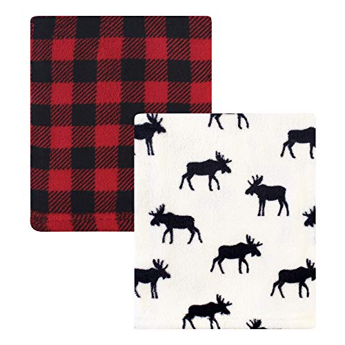 Image of Hudson Baby Unisex Baby Silky Plush and Coral Fleece Blanket, Buffalo Plaid Moose, 30x36 inches
