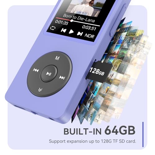 Image of AGPTEK A02 MP3 Player with Bluetooth 5.3, 1.8'' 64GB Portable Music Player | with Speaker, FM Radio, Voice Recorder, Supports Expanded Up to 128GB(Purple)