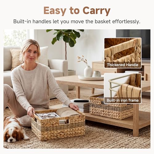 Image of StorageWorks Jumbo Rectangular Wicker Basket, Water Hyacinth and Seagrass Storage Basket with Built-in Handles, 1 Pack