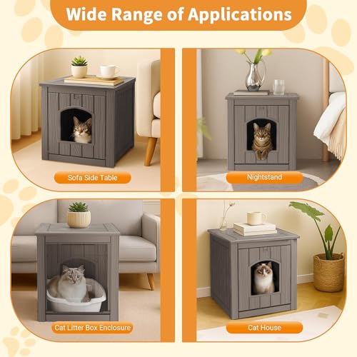 Image of Cat Litter Box Enclosure, Plastic Hidden Litter Box Side Table with Openable Front Door, Cat Box Enclosure Cabinet for Indoor & Outdoor Use, Weatherproof, Easy to Clean & Assemble, Grey