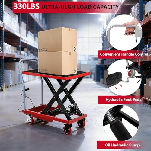 Image of Hydraulic Lift Table Cart, 330 LBS Load Capacity 28.5 in Lifting Height, Manual Single Scissor Lift Table with Non-Slip Pad and 4 Wheels,Hydraulic Scissor Cart (330 LBS - Single - Red Black)