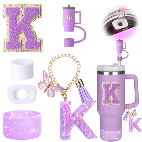 Mity rain 6PCS Cup Accessories Set for Stanley Cup 30oz 40oz tumbler with handle, Including Silicone Straw Topper Cover Cap and Boot, Spill Proof Stopper, Handle Charm, Initials Sticker (Letter K)