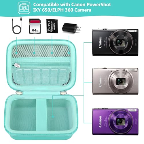 Image of Camera Case for Canon PowerShot ELPH 360 HS A, IXY 650 /ELPH 360 Camera Protective Case Storage Holder Travel Bag with Wrist Strap, Mesh Pocket for Battery Pack, USB Cable, Green