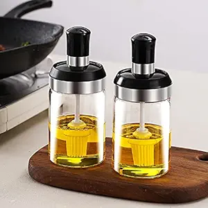 SIX SIGMA Borosilicate Food Storage Oil Ghee Jar with Brush Jar, Pickle, Glass Seasonning Box Container for Kitchen For Dining Table Home & Restaurants (250 Ml, Set of 2, Brush Jar)