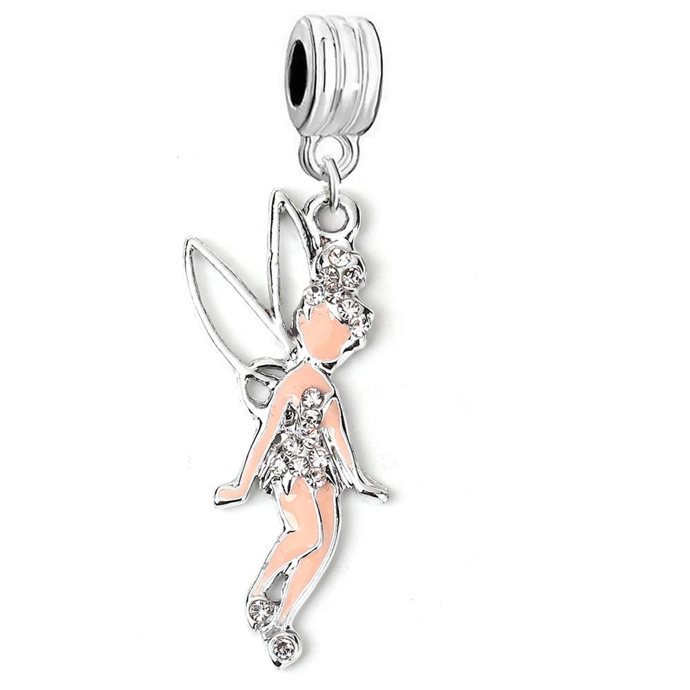 Sexy SparklesFairy Charm Bead for Snake Chain Bracelet – Tinkerbell Design with Rhinestones, Silver Tone, Compatible with European and Major Brand Bracelets