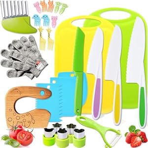 Kids Safe Knife Set for Toddlers Real Cooking – Toddler Knives Sets Kitchen Tools with Gloves Cutting Board Fruit Vegetable Crinkle Cutters