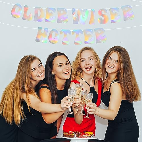 Image of BEISHIDA Iridescent Older Wiser Hotter Banner Pre-strung Birthday Banner Decoration for 40th 50th 60th 70th 80th Women Funny Sign Garland Cute Birthday Party Supplies NO DIY