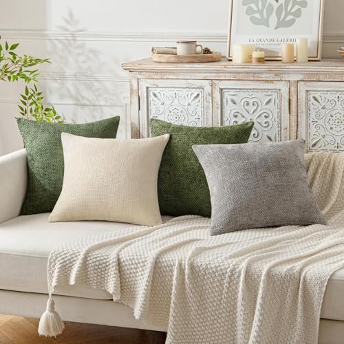 Image of MIULEE Decorative Couch Throw Pillow Covers 20x20 Inch Olive 2 Pack | Modern Boho Accent, Soft Chenille Pillow Covers, Farmhouse Cushion Cases for Home Decor Bed Sofa Living Room