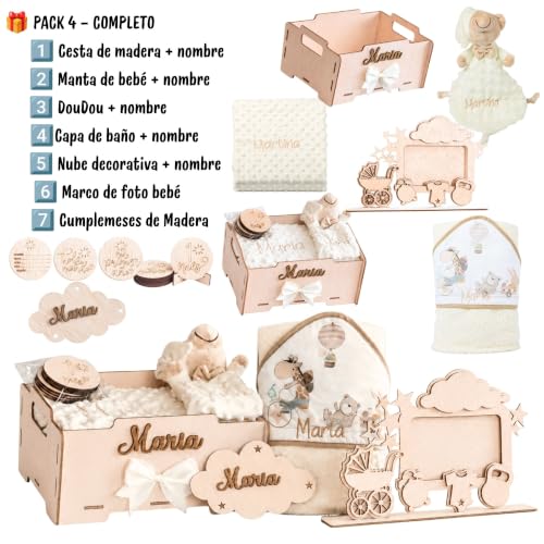 Miniatura 2 de Regalo Para Bebé Recién Nacido Niño O Niña Cesta Con Manta, Doudou, Capa De Baño, Nube Decorativa Y Marco Canastilla Embarazo,Bautizo,Hospital Y Baby Shower Nombre En Madera Olesea Beige