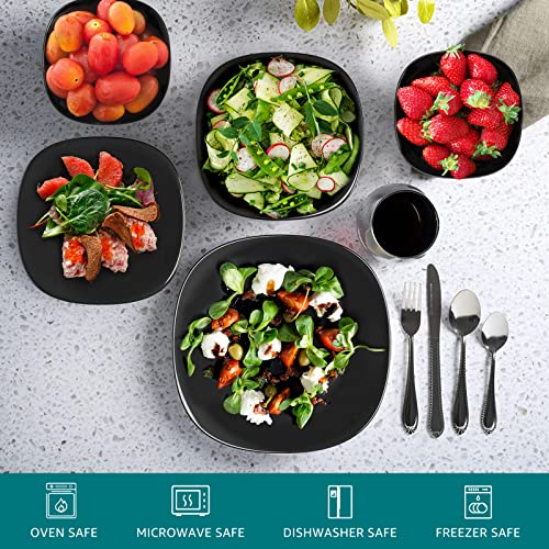 Black Dinnerware Set, Homeelves Square 18-Pcs Kitchen Opal Dishes Set Service For 6, Lightweight Glass Plates And Bowls Set, Break And Chip Resistant, Safety For Microwave & Dishwasher #TOP5