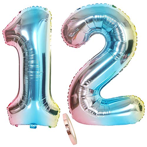 globos numeros 12, globo número 12 arcoíris arco iris niña niño infantil,32 figuras helio inflable gigante grande iridiscentes de colores azul para decoración fiesta de cumpleaños 12 años (xxxl 80cm)
