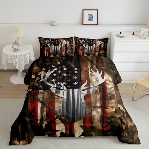 Feelyou American Flag Comforter Set Cute Deer Bedding Set for Kids Boys Girls Deer Hunting Camo Comforter Rustic Cabin Duvet Set Farmhouse Quilt Set Full Size