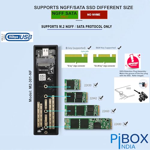 Image of pibox India NGFF M2 SATA Enclosure, M.2 Enclosure for SATA NGFF SSD Aluminum case USB 3.1 Gen 2 to B M B-Key 2280 2260 2242 2230 External Solid State Drive with UASP - REALTEK RTL9201R - Tool Free