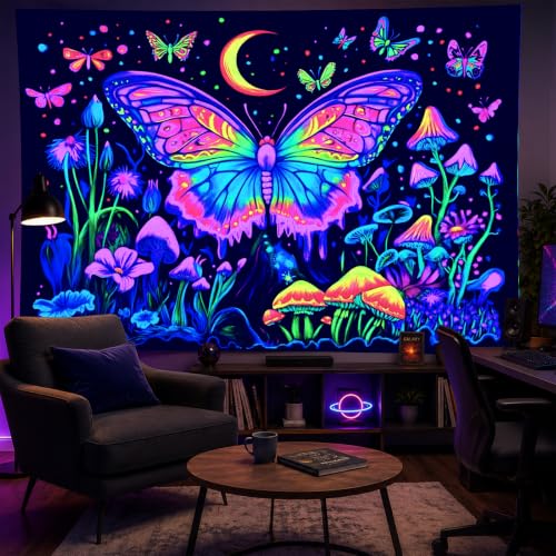 Image of BlissYard Neon Blacklight Tapestry Banner 79x59 Inch Butterfly Mushroom Moon Neon Tapestry Celestial Garden Aesthetic Bohemian Reactive Decor Decration Glow In The Dark Banners Decration Black Light Tapestries