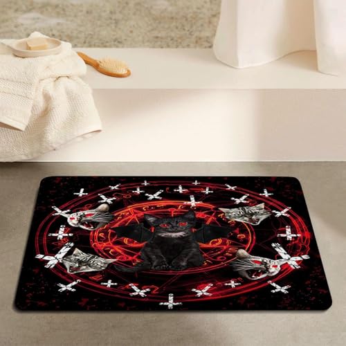 JAWO Cat Red Bathroom Rugs Bath Mat,Funny Black Cat Pentagram Death Decor Non Slip Bath Rugs for Boys Girls,17X29IN
