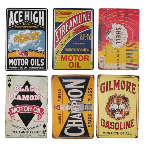 Doafoce Lot de 6 Plaque Metal Vintage 20 x 30 cm Plaque Decorative Metal Rétro pour Garage Affiche Poster en Tôle Art Mural pour Garage, Atelier, Bar