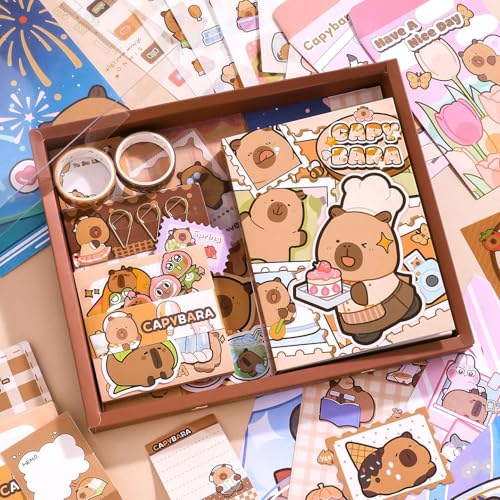 Image of MGNLR Vintage Aesthetic Scrapbook Kit(346Pcs) Scrapbooking Supplies Kit with Bullet Junk Journal,Stationery,A6 Grid Notebook Journaling Gift for Girl (Capy Bara)