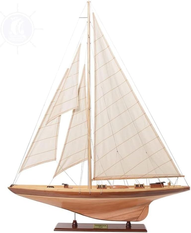 Sailboat Model Decor - Wooden Shamrock Yacht Replica, Nautical Home Decor, Coastal Craftsman Collectible, 38" Tall