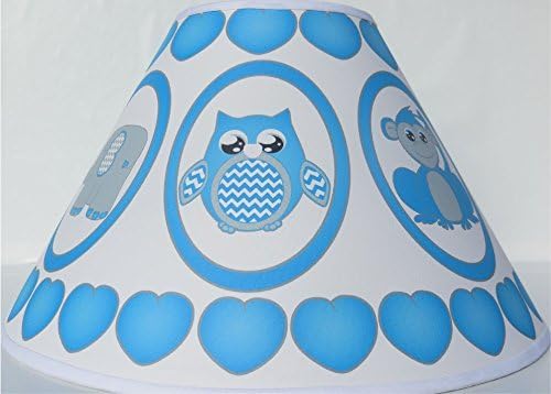 Blue Baby Safari Lamp Shade with Elephants, Owl, Zebra, Giraffe, Hippo, Lion and Monkey Nursery Decor