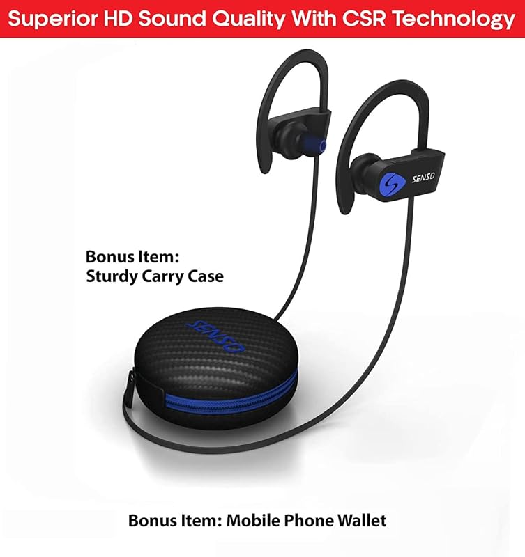 Senso Bluetooth Headphones, Best Wireless Sports Earphones w/Mic IPX7 Waterproof HD Stereo Sweatproof Earbuds for Gym Running Workout 8 Hour Battery Noise Cancelling Headsets (Black Blue) image 2