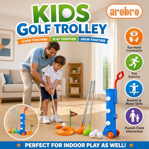 Image of Golf Trolley for Kids - Portable Golf Accessories Kit with 1 Trolley case, 3 Golf Sticks, 3 Balls, Platform Cup & Flag for 3+ Years Kids, Children, Boys, Girls, Sports Outdoor Game for Kids