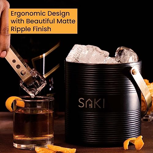 Image of SAKI | Black and Gold Ice Bucket with Tong - 1500 ml | Stainless Steel Double Walled Insulated | Ice Bucket for Bar & Home | Ripple Design Ice Bucket | Perfect for Gifting