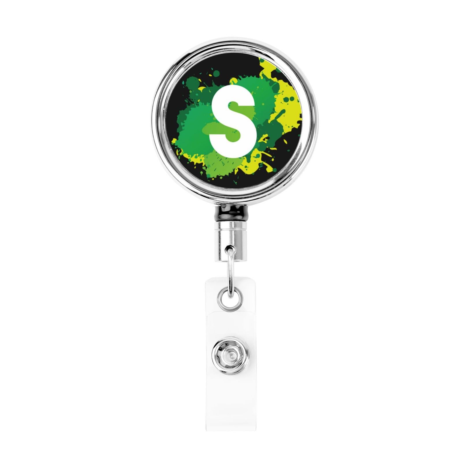 Initial Retractable Badge Holder, Colorful Badge Key Chain with Belt Clip, Metal ID Card Holder with Badge Reel for Nurse, Volunteer, Teacher, Student, Office, Splatter Letter S