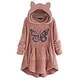 Women's Long Sleeve Cat Ear Hat Hoodie Fleece Cute Print Top With Button Pockets Sweatshirts for...