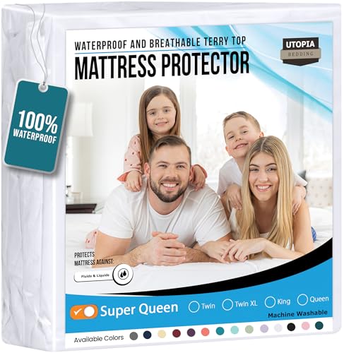 Utopia Bedding Waterproof Mattress Protector Super Queen Size, Premium Terry Mattress Cover 200 GSM, Breathable, Fitted Style with Stretchable Pockets (White)