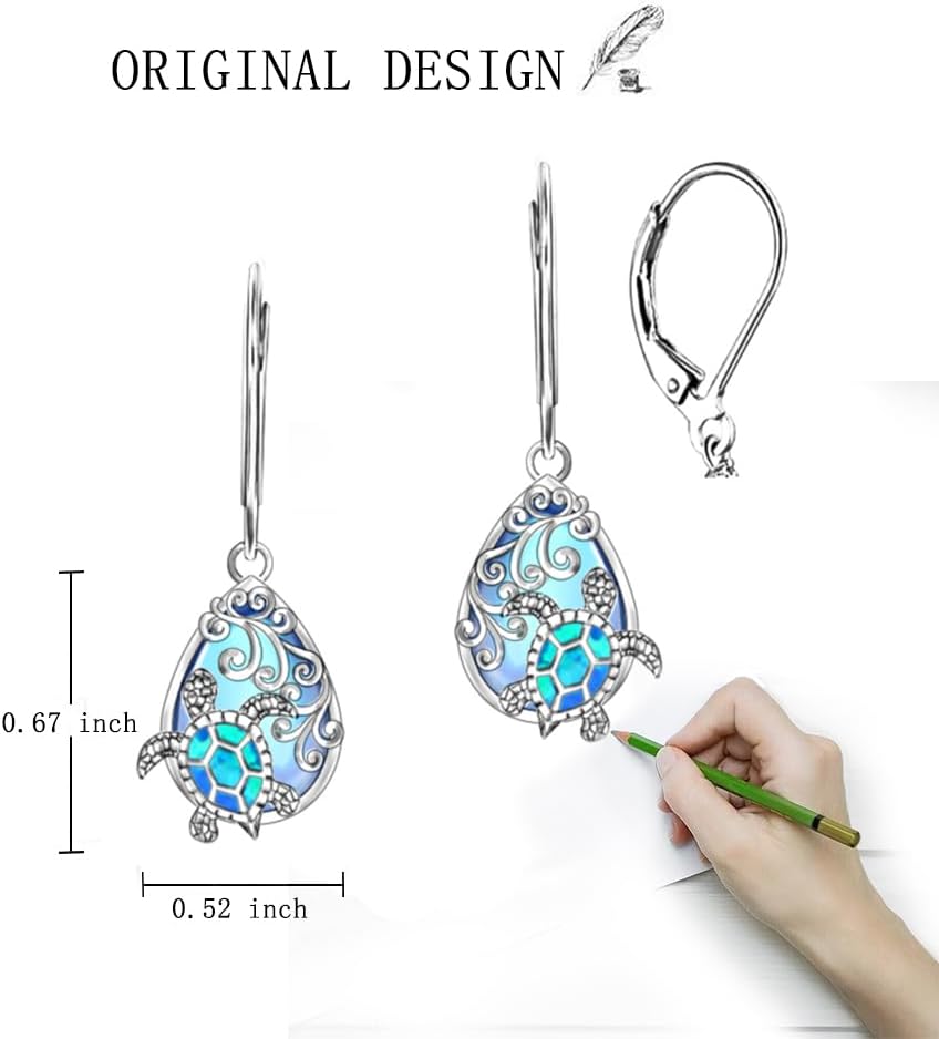 Sea Turtle Earrings Moonstone Turtle Earrings for Women Sterling Silver Blue Opal Turtles Jewelry Moonstone Leverback Dangle Christmas Gifts - Image 6