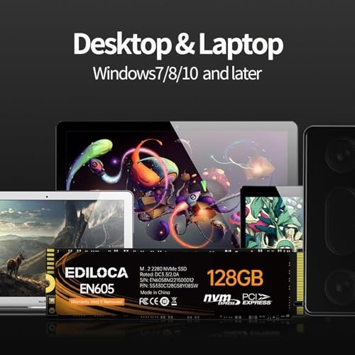 Image of Ediloca EN605 128GB M.2 SSD, NVMe1.3 PCIe Gen3 x4 SSD Internal Hard Drive, M.2 2280 - Read /Write Speed up to 1130 /400 MB /s - Internal SSD Compatible with Laptop & PC Desktop