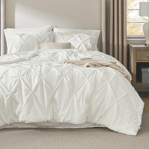 Image of Bedsure Queen Comforter Set Ivory - Bed in a Bag Queen Size Bedding 7 Pieces, GentleSoft Pintuck Bed Set Gift for Family, All Season Down Alternative Comforter with Sheets, Pillowcases & Shams