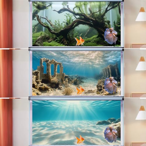 Image of COMSUN 3 Pack Aquarium Background, 48x18 inches Polyester Aquarium Background, Cloth Fish Tank Background, Undersea Ruins Floor Sunshines & Tree Wood Branches Aquatic Plants